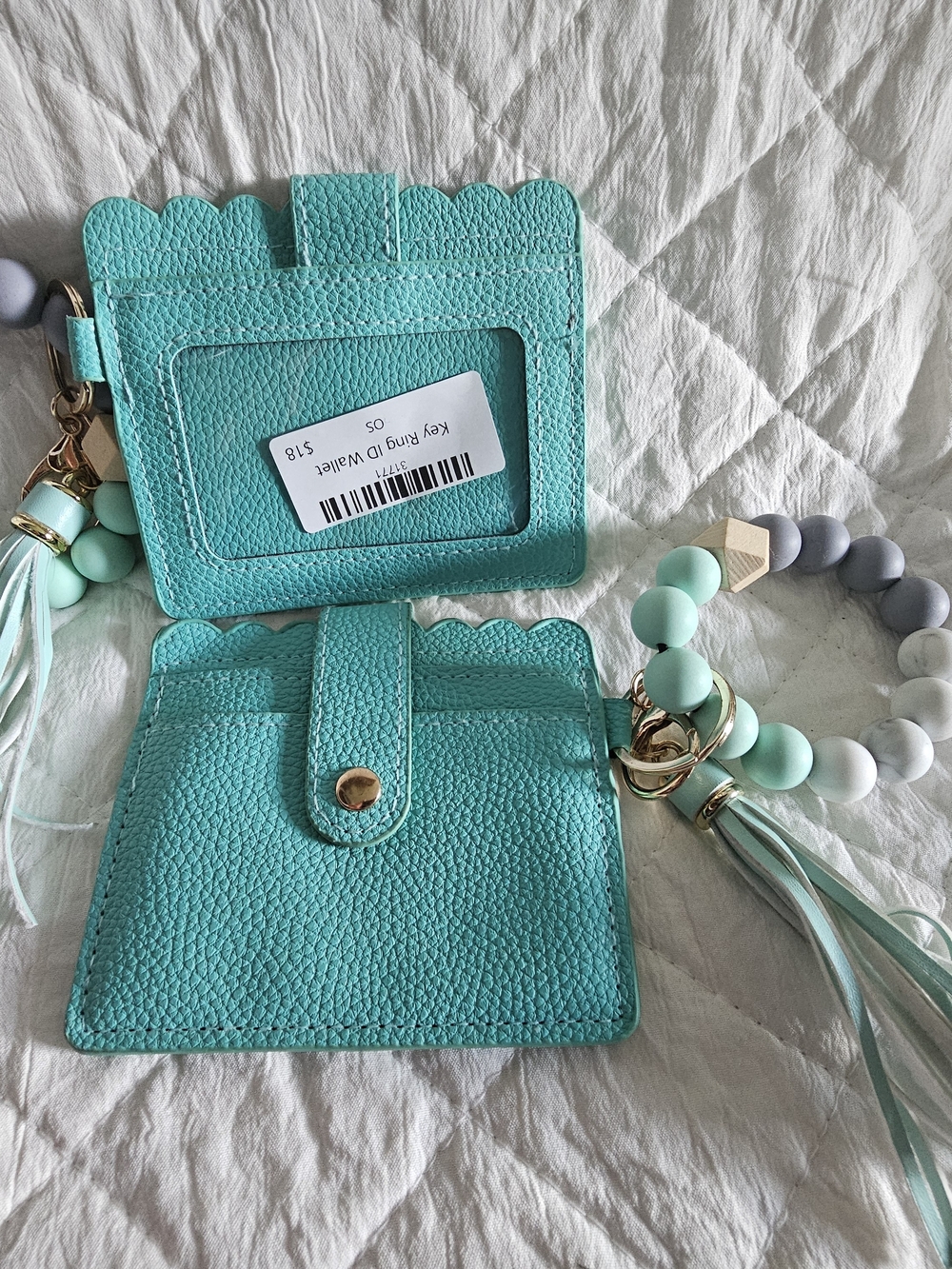 Turquoise Scalloped ID Card Holder Wristlet with Beaded Keyring